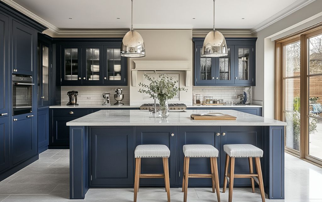 Classic navy blue and white kitchen with marble worktops and timeless appeal